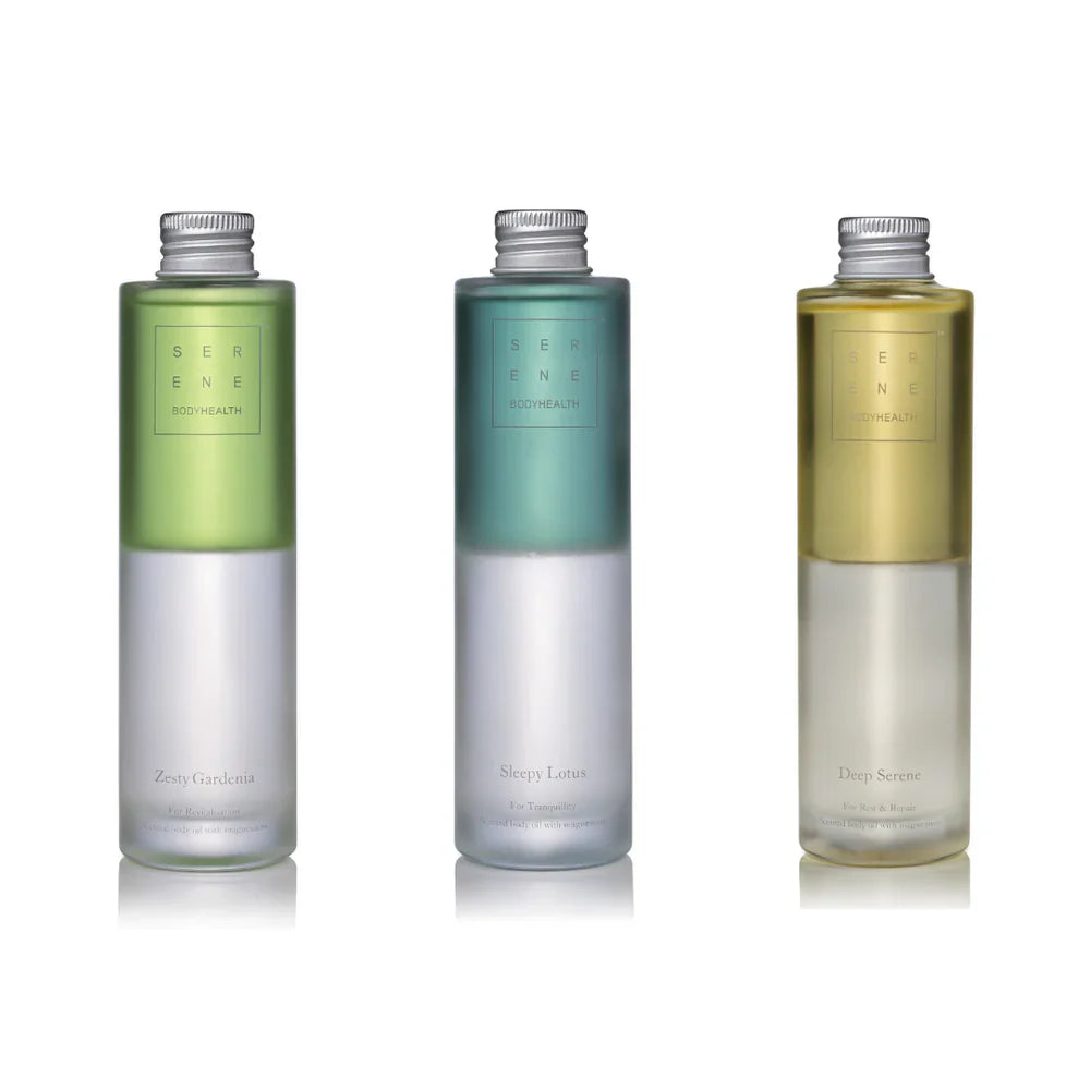 Serene Body Health Magnesium body oil 3 types of essential oils Green Blue and yellow
