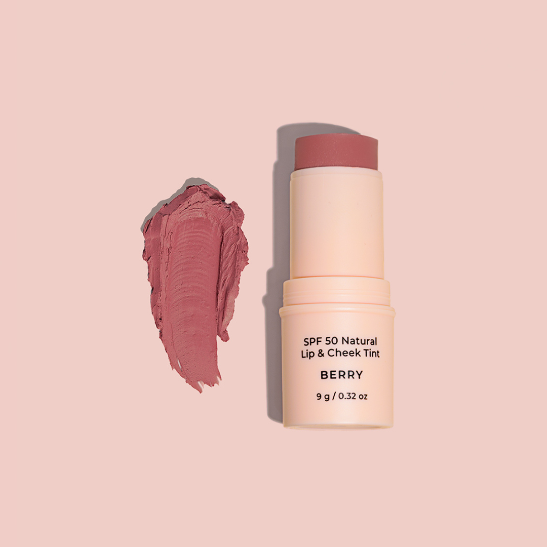 Avocado Zinc Lip and Cheek tint berry colour smear of Berry colour on pink background