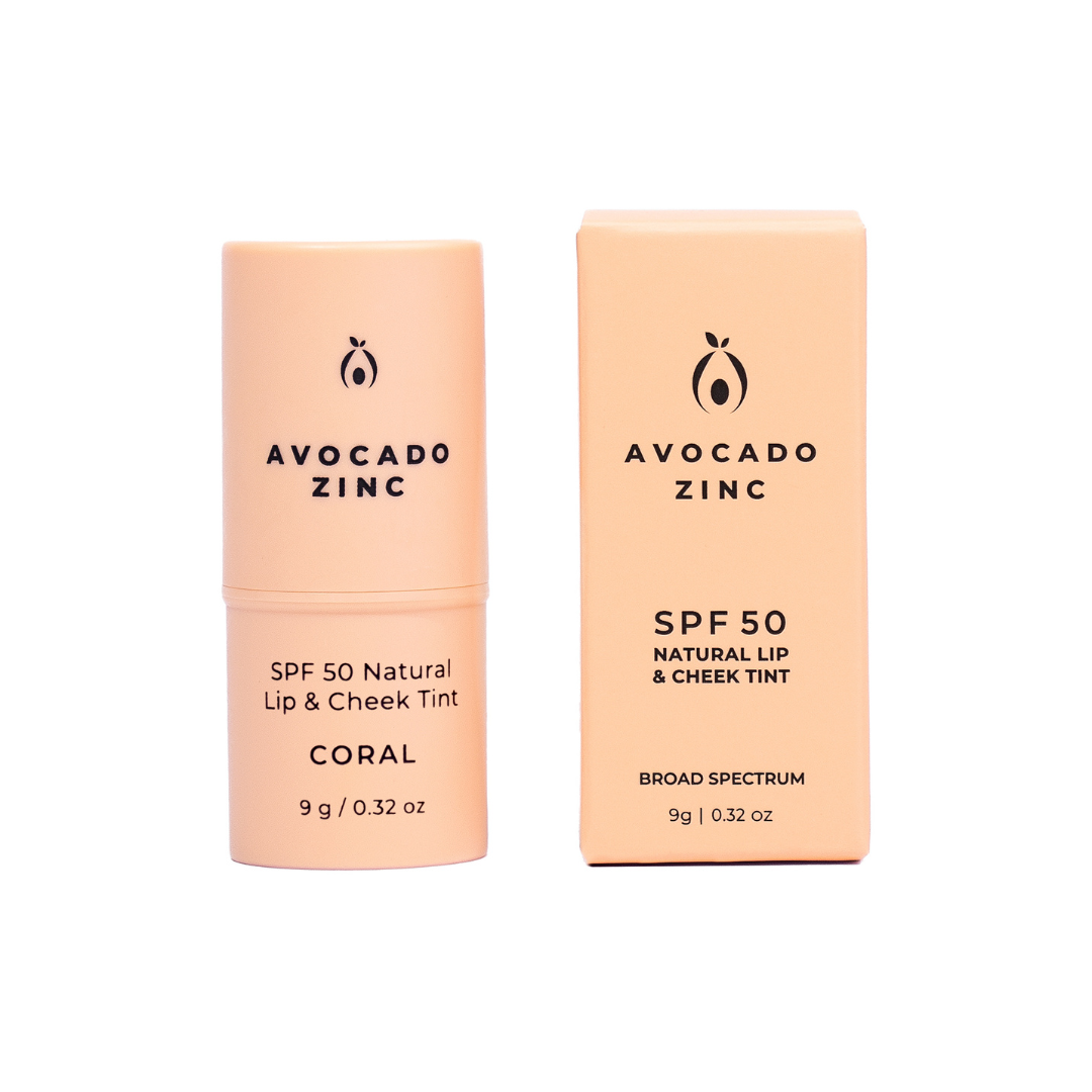 Avocado Zinc SPF 50 Natural Lip & Cheek Tint – Coral | Vegan Tinted SPF Stick for Lips, Cheeks & Eyes