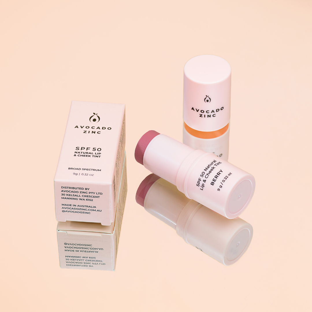 Avocado Zinc Lip and Cheek tint berry colour and box packaging