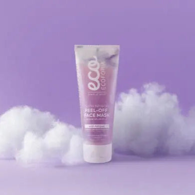 Ecoforia peel face mask tube purple background and white clouds