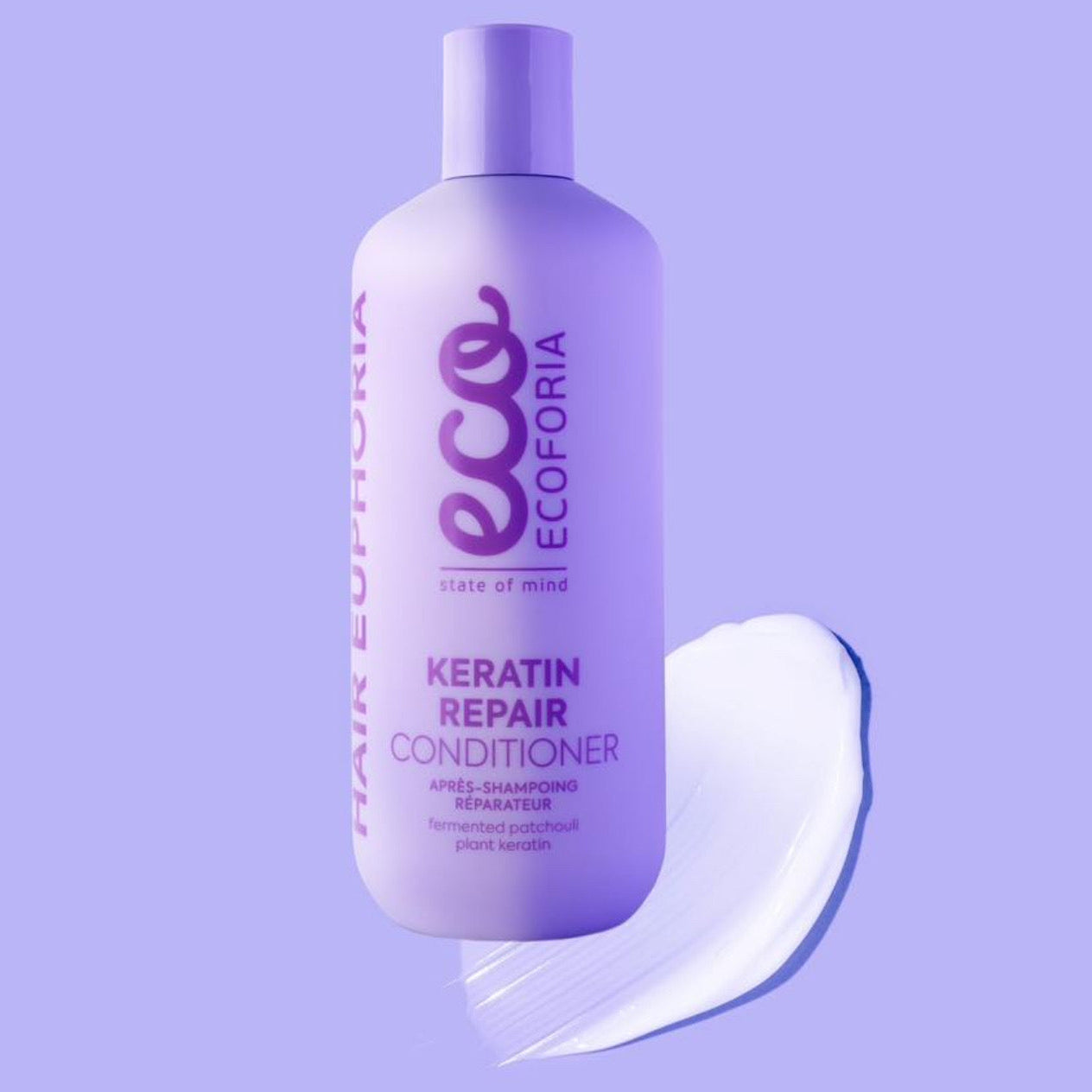 Ecoforia Keratin Repair Conditioner 400ml – Purple Bottle and purple backgrond with smear conditioner