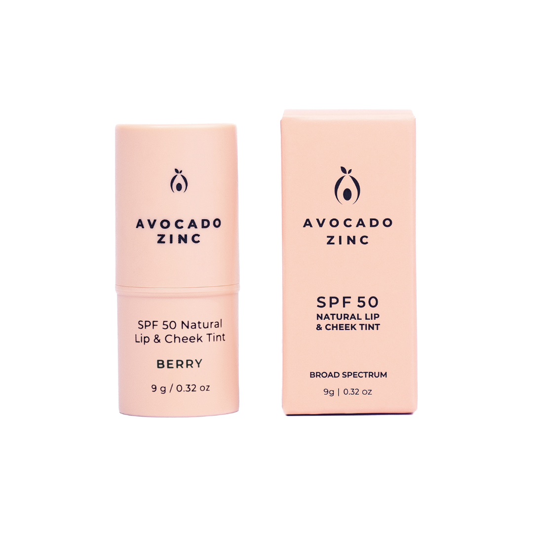 Avocado Zinc Lip and Cheek tint berry colour and package side by side