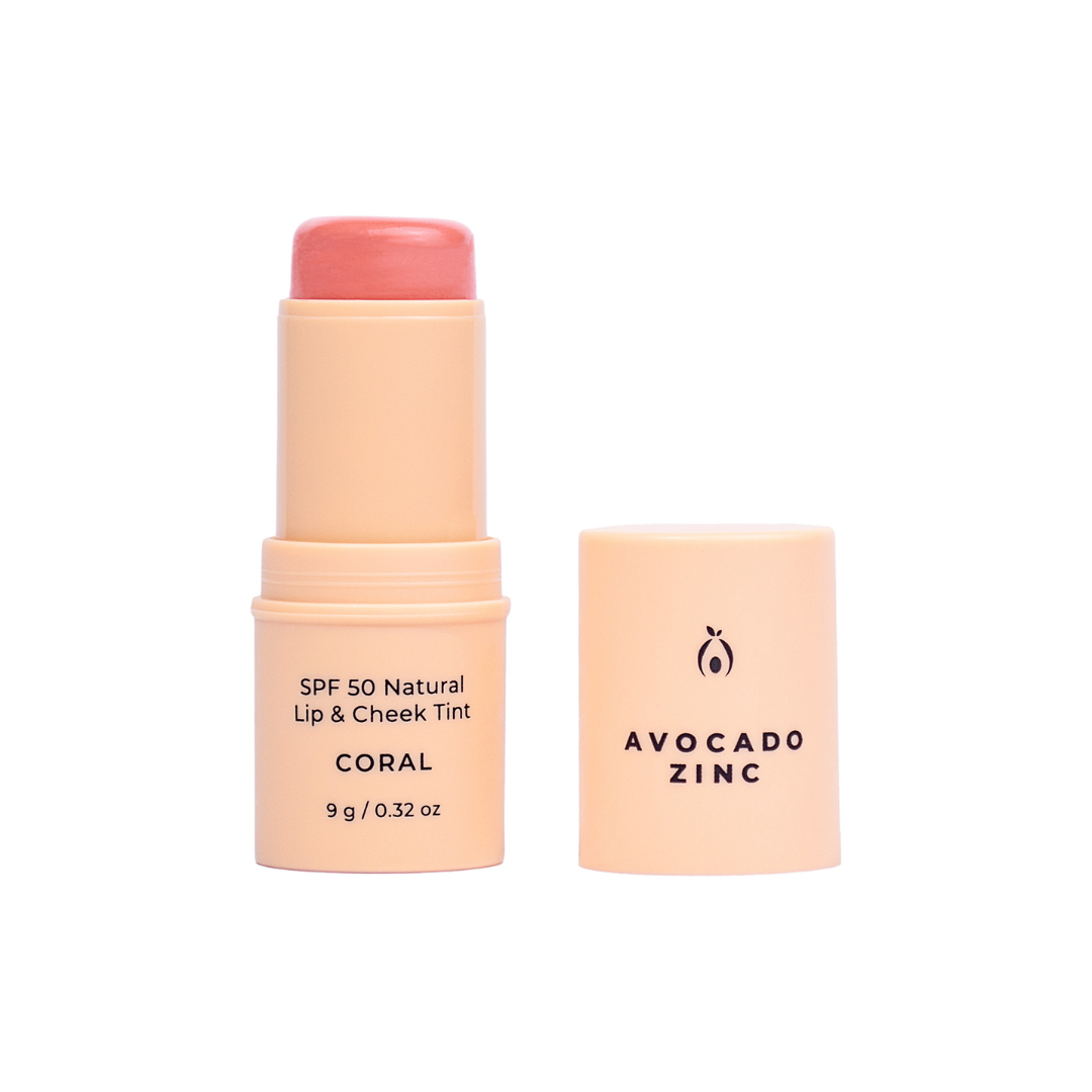 Avocado Zinc SPF 50 Natural Lip & Cheek Tint – Coral | Vegan Tinted SPF Stick for Lips, Cheeks & Eyes